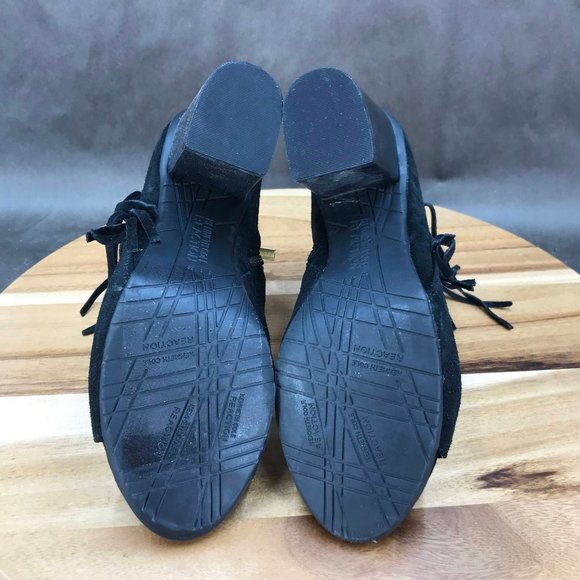 Kenneth Cole Reaction Black Suede Fringe Zip Up Block Heel Peep Toe Booties 8.5 - Picture 6 of 7